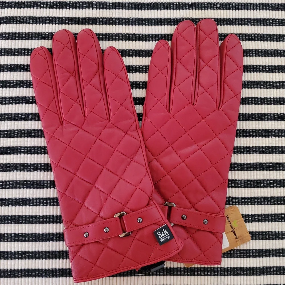 NWT Soia & Kyo Red Messina Quilted Leather Gloves With Wool-Blend Lining